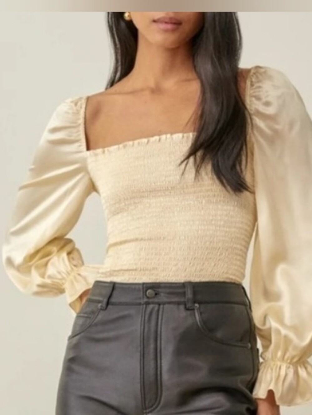 Reformation Cream Smocked Silk Puff Sleeve Top Size Small
